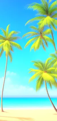 This stunning phone live wallpaper features a group of palm trees sitting atop a sandy beach