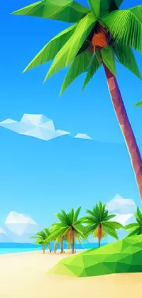 Looking for a summer-inspired live wallpaper for your phone? Check out this low poly render, featuring a palm tree on a sandy beach with a breathtaking coastline as the background