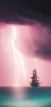 This phone live wallpaper showcases a majestic ship in the midst of a turbulent sea, illuminated by pink lightning strikes for a romantic touch