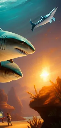 This phone live wallpaper features an airbrush painting of two sharks swimming in the ocean