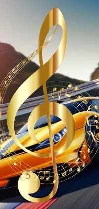 This live phone wallpaper showcases a yellow sports car racing on a track amidst a backdrop of music notes, creating an artistic and luxurious vibe