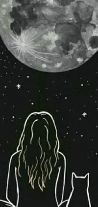 This live wallpaper depicts a woman sitting in front of a full moon in outer space, with flickering stars and galaxies in the background