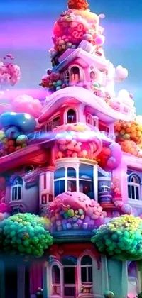 This live phone wallpaper features a charming pink house with colorful balloons bouncing in the air, accompanied by stunning psychedelic art elements and a dreamy atmosphere akin to a fantasy bakery