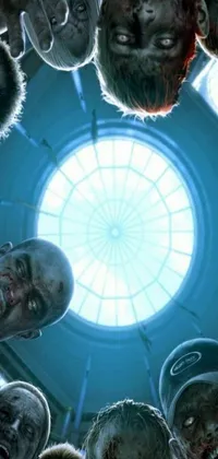 This fascinating live wallpaper features a group of zombies gathered in a circle, looking up at the glass domes on the ceiling