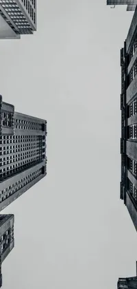 This live wallpaper features a black and white photograph of tall buildings captured in two-point perspective, showcasing intricate detailing of buildings carved from stone