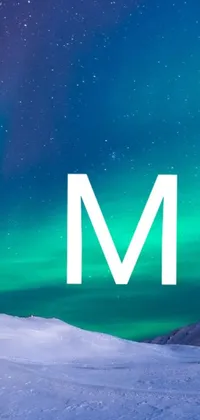 This live wallpaper features a stunning design with a bold letter "M" against a backdrop of Northern Lights in vibrant shades of purple, blue, and green