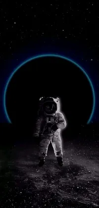 Looking for an inspiring phone live wallpaper depicting an astronaut in a space suit standing in front of a menacing black hole? This mobile wallpaper features beautiful space art with intricate details and exquisite emotional tone
