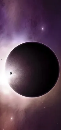 This space-themed phone live wallpaper features planets, a black sun with a purple eclipse, multiple stars, and a giant black hole