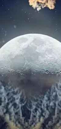 This stunning live wallpaper presents a detailed close up of a moon with clouds in the sky, complete with a snowy landscape and a distant Dyson sphere