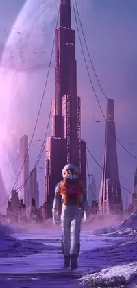 Enjoy a stunning live wallpaper on your phone featuring an astronaut walking towards a futuristic city in space