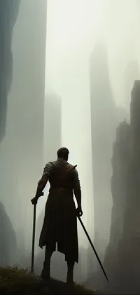 This live wallpaper showcases a fantasy character standing on a hill holding a sword, in a massive cavernous iron city