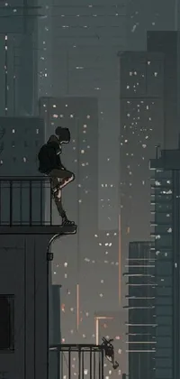This phone live wallpaper features a man sitting on top of a skyscraper at night, gazing out at the stunning cityscape before him