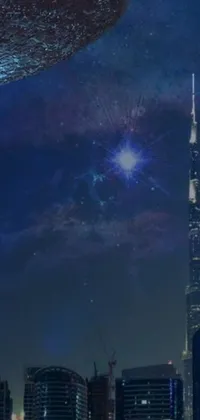 This live wallpaper features a spaceship soaring over a city at night