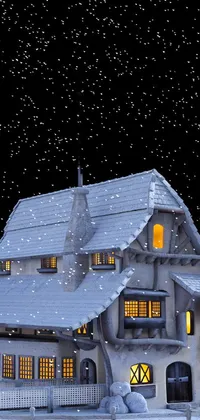 This stunning phone live wallpaper depicts a detailed digital rendering of a cozy house perched atop a snow-covered field on a Christmas night
