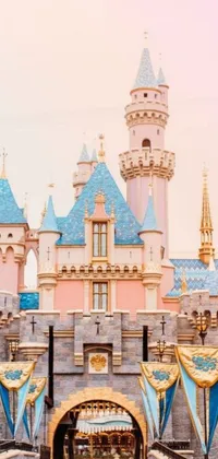Get ready to experience the ultimate in Disney-inspired phone wallpapers! This pink and blue colored image features a stunning castle with a clock tower set against a backdrop of blue and gold hues