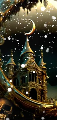 This phone live wallpaper features a captivating crystal ball with gold skulls, set against an ultra-detailed haunted house, embodying a gothic theme and digital art