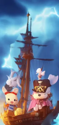 This phone live wallpaper features a group of animated stuffed animals on a boat amidst stormy weather with lightning