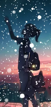 This phone live wallpaper features an enchanting anime drawing of a person holding a cuddly teddy bear, facing a stunning sunset against a star-filled night sky backdrop