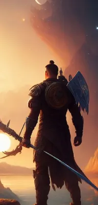 This 4K phone live wallpaper features a fantasy art concept of a warrior standing on a mountain top, bearing a sword and shield