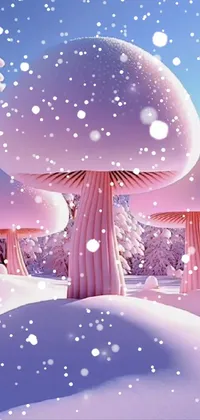 This phone live wallpaper depicts a group of mushrooms standing in the snow, featuring soft pink colors and a whimsical, psychedelic atmosphere