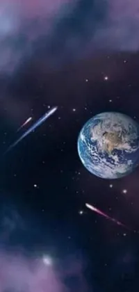 This captivating phone live wallpaper features an awe-inspiring view of Earth from space, surrounded by space art of meteors falling, shooting stars, and vividly photoshopped planets