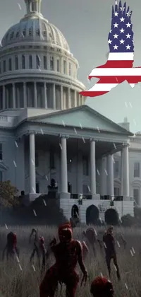 This live phone wallpaper features an ultra-detailed digital art image of a group of zombies positioned in front of the White House in Washington, D
