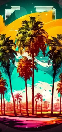 This stunning phone live wallpaper showcases a vibrant sunset with swaying palm trees in the fore