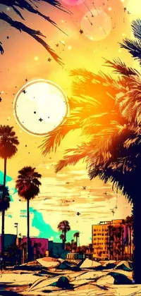 Transform your phone screen with a stunning live wallpaper featuring a colorful and vivid painting of palm trees set against a bright sun