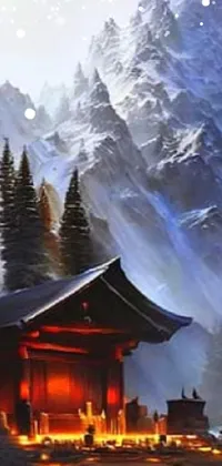 This captivating live wallpaper for your phone features a charming winter scene of a cabin nestled in a mountain range, with a serene shinto shrine in the foreground