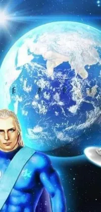 This phone live wallpaper showcases a mesmerizing universe-inspired image of a man standing in front of a beautiful blue planet