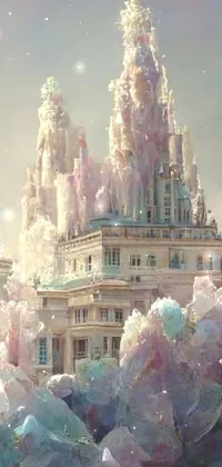 This phone live wallpaper features an enchanting castle atop a green hillside, made entirely of ice