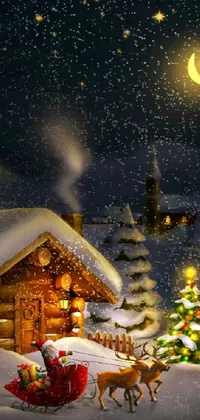 This phone live wallpaper features a charming Christmas scene, complete with a reindeer pulling a sleigh