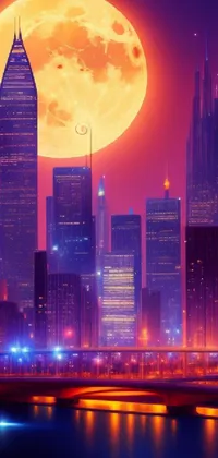 This phone live wallpaper features a digital cyberpunk art style cityscape at night with a glowing full moon in the sky