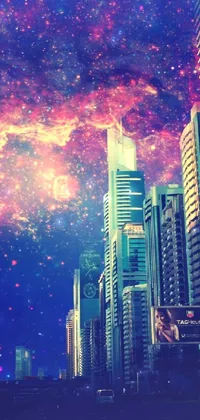 Experience the future with this stunning live wallpaper for your phone! Set against a cityscape filled with towering skyscrapers, this wallpaper combines a gradient mix with a mesmerizing nebula sky, creating a truly dynamic display