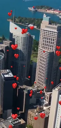 Elevate your phone screen with our stunning live wallpaper filled with numerous red heart-shaped balloons