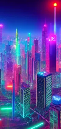 Looking for a futuristic live wallpaper for your phone? Look no further than this neon-lit city scene at night! Featuring a digital art aesthetic with an outrun color palette, this stunning wallpaper is full of skyscrapers and flying cars