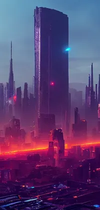 Futuristic live wallpaper of a cybernetic city with tall buildings and neon lights