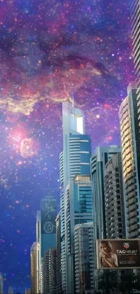 This stunning live wallpaper features a bustling city scene with tall buildings against a surreal, galaxy-themed background