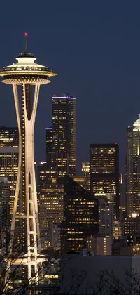 This live wallpaper depicts a stunning nighttime cityscape with a view of the Space Needle in the foreground