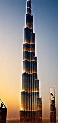 This phone live wallpaper showcases a striking skyscraper in the heart of Dubai's cityscape