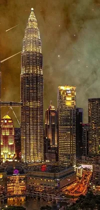 This live phone wallpaper features a city with towering buildings and a striking skyline