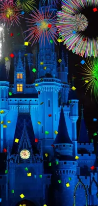 This <a href="/">phone live wallpaper</a> showcases a spectacular castle illuminated at night with a mesmerizing display of fireworks lighting up the sky