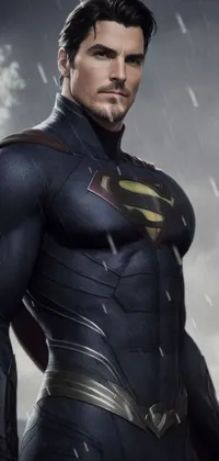 "Experience a stunning live wallpaper featuring a superhero in a dark blue full body suit standing in the rain