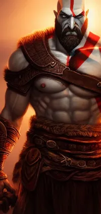 This phone live wallpaper boasts a thrilling fantasy scene with a muscular character holding an impressive sword
