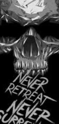 This phone live wallpaper features an intricately detailed skull against a black background with bold text that reads “never retreat, never surrender”