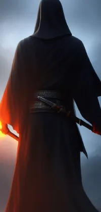 Enhance the look of your phone with this mesmerizing live wallpaper featuring a dark-robed figure wielding a sword and a flamethrower