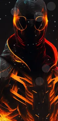 This cyberpunk themed live wallpaper showcases a mysterious figure wearing a futuristic flame suit emitting a bright orange glow