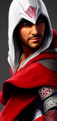 This phone live wallpaper features a captivating full-body character portrait with a hooded figure in a red cape