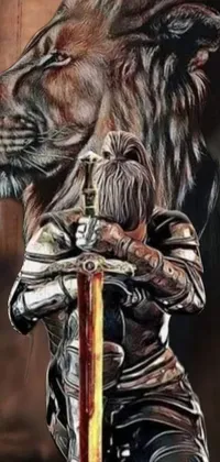 This phone live wallpaper features a stunning airbrush painting of a male warrior wielding a sword and accompanied by a majestic lion