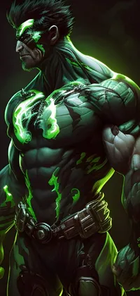 Greeny is an amazing live wallpaper for your phone screen featuring a muscular and radiant figure in a superhero bikini costume
